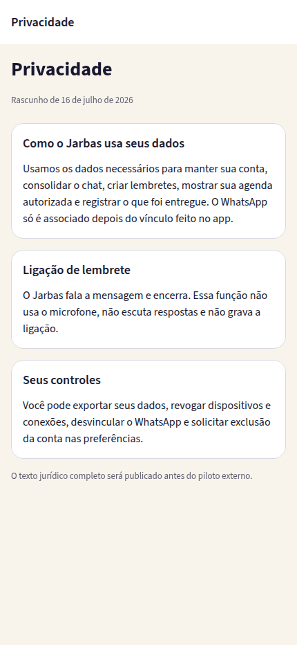Tela de privacidade e controles do Jarbas